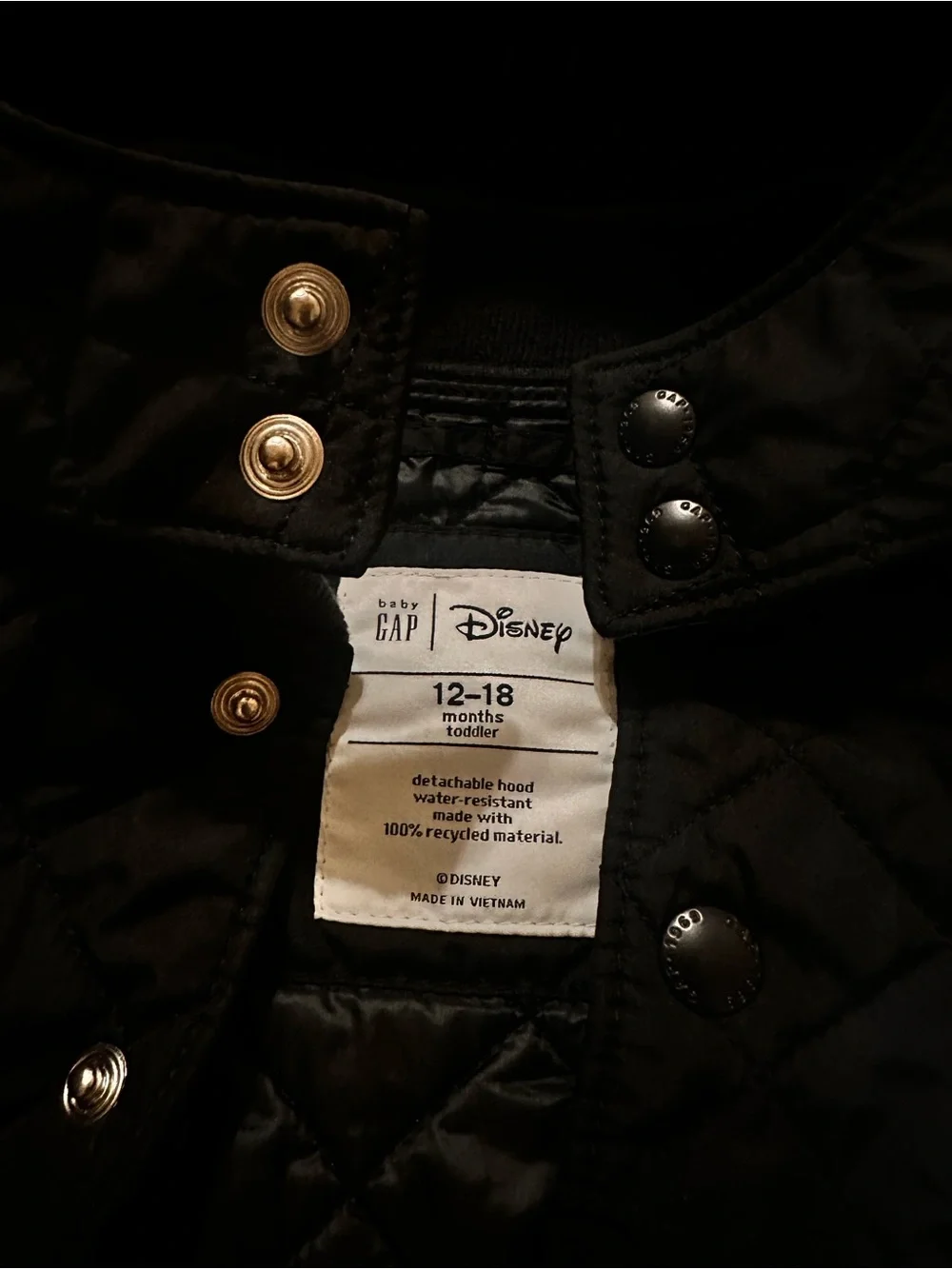 GAP x DISNEY Toddler Black Quilted Jacket with Snap Closures